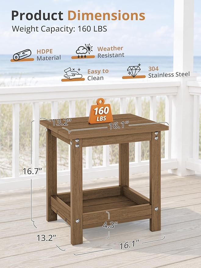 LUE BONA Outdoor Side Table, 2-Tier HDPE Small Outdoor End Table with Rail for Patio, Deck, Poolside, Low Maintenance & Weather Resistant, Walnut Brown