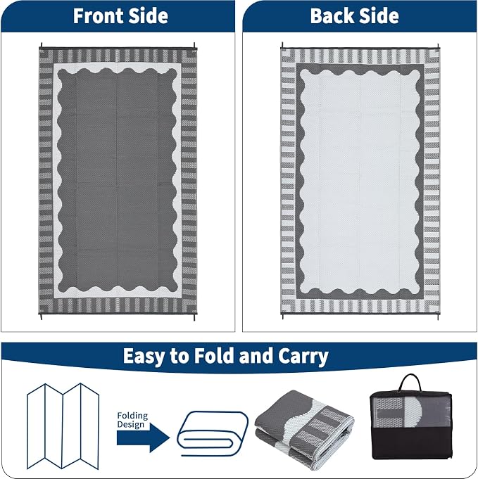 Garvee Large Scalloped Outdoor Rug 8x10 Patio Rugs Outdoor Waterproof, Reversible Plastic Straw Camping Rug, Modern Bordered Outside Mats for Picnic Backyard Deck Balcony Beach Trailer, Grey