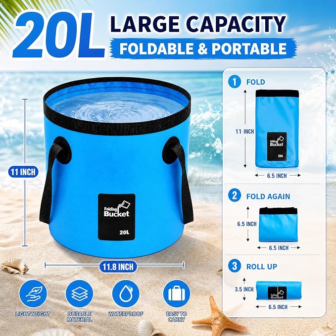5 Gallon 4 Pack Collapsible Bucket, Foldable Water Bucket with Handles, Portable Camping Buckets for Fishing, Hiking, Cleaning, Outdoor & Travel Use (Blue)