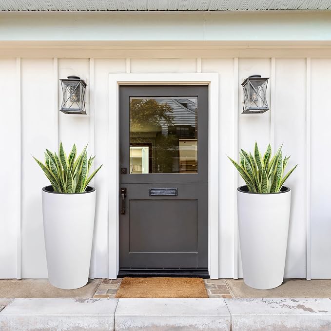 Garvee Tall Planters for Outdoor Plants, 30 in Large Planters Set of 2, Outdoor & Indoor Planters with Water Level Monitor ＆ Inner Bucket, Automatic Watering, for Porch, Patio, Backyard, White