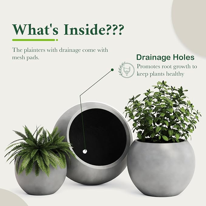 DTY Premium Mt Sherman Fiberstone Sphere Planter for Indoor Outdoor Use, Round Pot for Olive Tree, Lightweight, Smooth Finishes. 2 Extra Coco Mats. Gray, Large 21.1'' D x 16.7'' H. 14.6” Pot Opening