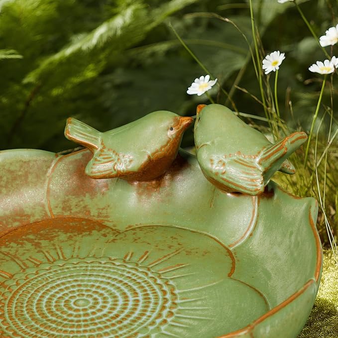 Ceramic Bird Bath for Outdoors, 10 Inch Bird Bath Bowl Only, Heavy Duty Ground Bird Feeders Tray, Durable Bird Feeding Bowl for Yard and Garden, Green