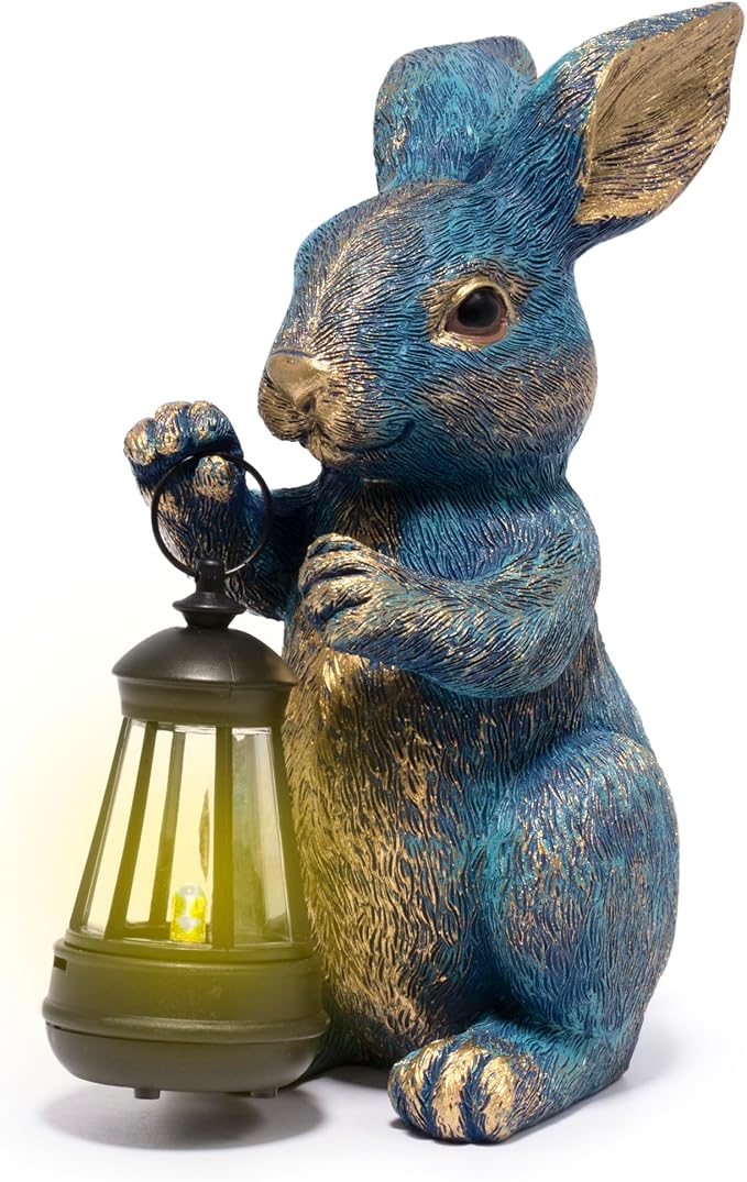 basen Outdoor Bunny Statue with LED Lantern, Battery Powered Resin Rabbit Garden Decor, Weather Resistant Lawn Yard Patio Ornament for Outdoor Indoor Spring Easter Home Decoration
