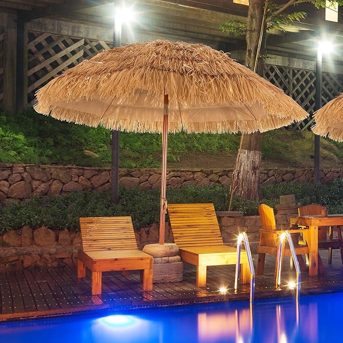 Giantex Thatched Tiki Umbrella, Hawaiian Style Patio Grass Umbrella with 8 Ribs & Tilt Adjustment, Outdoor Portable Beach Sunshade for Yard, Garden & Poolside