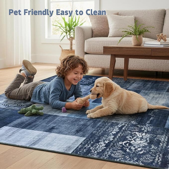 Washable Area Rugs 6x9 for Living Room, Large Modern Geometric Navy Blue Soft Patchwork Carpet, Non-Slip Stain Resistant Throw Rug for Bedroom Dining Room Office Home Decor