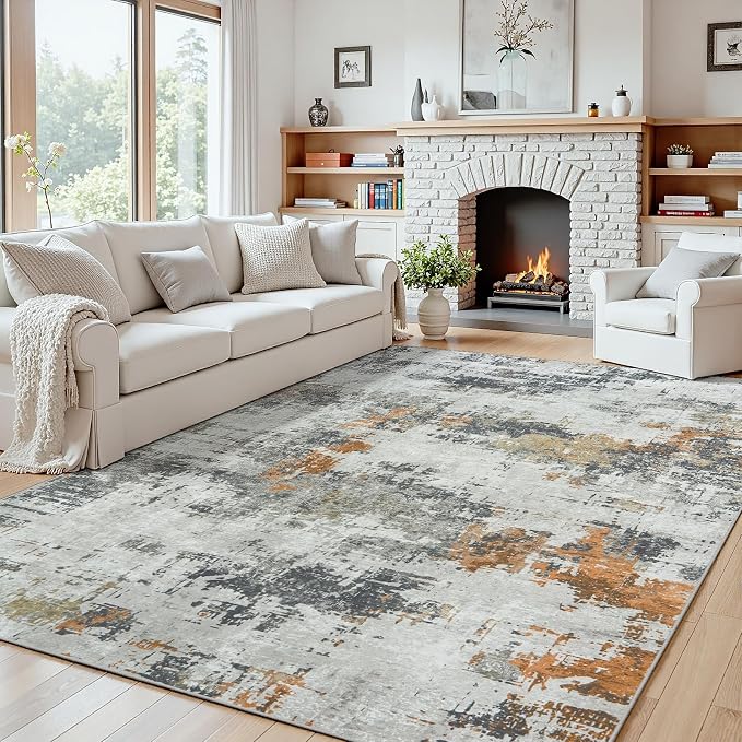 4x6 Area Rugs for Living Room: Washable Soft Grey Abstract Bedroom Carpet | Non-Slip TPE & Stain Resistant,0.25" Low-Pile,Kids Pet Friendly Modern Decor for Dining Room Farmhouse Office, Non-Shedding