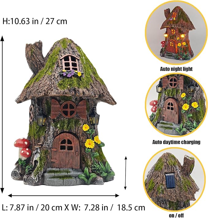 COWOS Solar Powered Mossy Tree House Sculpture with Doors, Windows, Street Lamp & Chimney - LED Outdoor Garden Decor