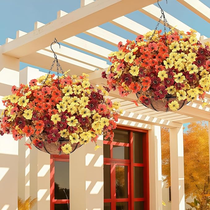 2 Set Artificial Hanging Basket Fall Flowers, UV Mixed Mums for Outdoors | Fake Faux Look Real Mums Plants for fall Decor Thanksgiving Displays Front Doors Patios Balconies Yards