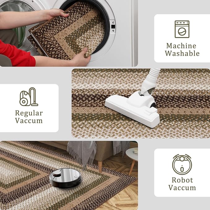 RUGSREAL Hallway Runner Rug 2x6 Braided Machine Washable Kitchen Rugs | Low Pile Farmhouse Runner Non Slip Stain Resistant Rustic Runners Modern Printed Carpet for Living Room Bedroom, Moss/Brown