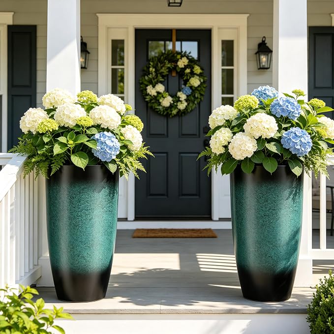 Autodaya 23.8" Tall Outdoor Planters Set of 2, Ceramic-Look Large Plastic Flower Pots with Drainage Holes, Gradient Turquoise Indoor Outdoor Plant Pots for Porch Patio Balcony Garden Home Decor