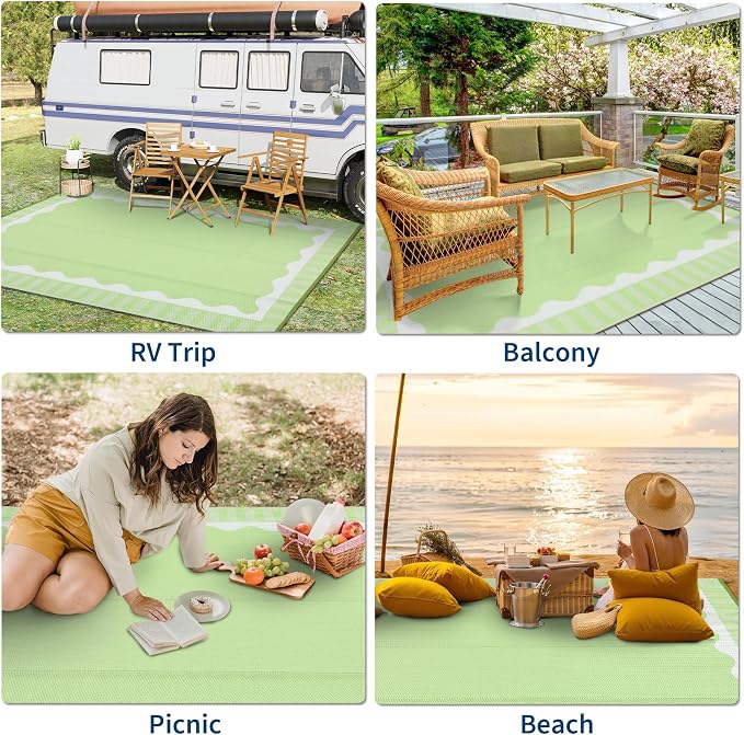Garvee 9x12 Outdoor Rug, Scalloped Border Waterproof Camping Rugs for Outside Your RV, Modern Foldable Plastic Straw Rug, Reversible UV Resistant Mats for Backyard Deck Porch Camper, Light Green