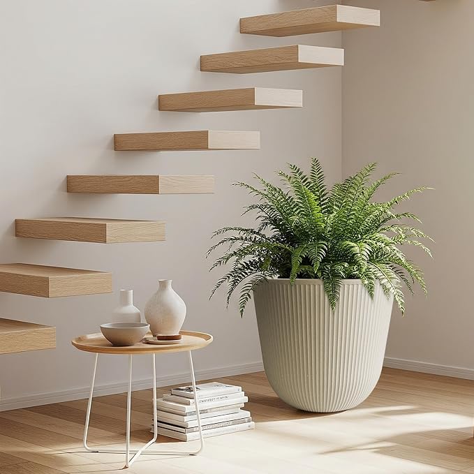 Worth Garden Round Large Planter Pot 1-Pack - 17.5" Dia x 15.5" H - Durable Plastic Beige Plant Tree Pots with Vertical Stripe Textured Finish, Drainage Hole for Indoor, Outdoor, Front Porch, Patio