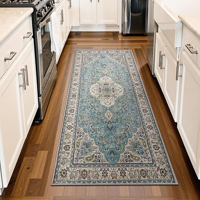 Lahome Felice Floral Medallion Area Rug - 2x4.3 Hallway Rug Runner Kitchen Sink Mat Turkish Faux Wool Non-Slip Washable Low-Pile Carpet for Indoor Laundry Bedroom Entrance Bathroom, Sky/Baby Blue