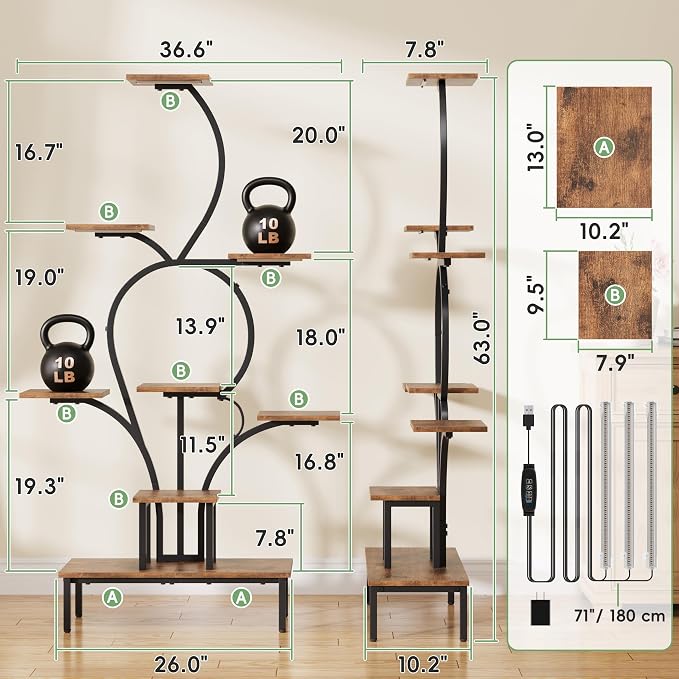 POZILAN 9-Tier Tall Plant Stand Indoor with Grow Lights, Metal & Wood Corner Plant Shelf for Living Room Balcony, 63" Tiered Display Rack for Heavy Pots, S-Shaped Modern Flower Holder, Black