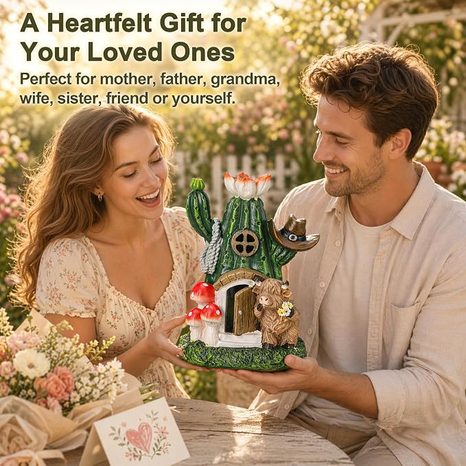 Fairy House Outdoor Figurine Lights, Highland Cow Garden Statue and Solar Cactus Mushroom House for Yard Patio Lawn Decor, Fairy Houses for Outside, Unique Garden Gifts for Women Mom