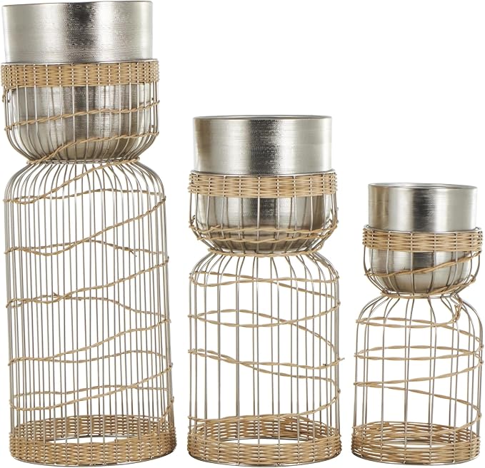 Deco 79 Metal Indoor Planter Textured Dome Large Planter Pot with Woven Rattan and Caged Rod Pedestal Base, Set of 3 Planters 30", 23", 18" H, Silver