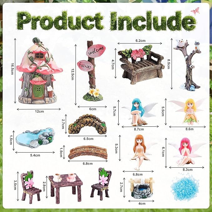 147Pcs Fairy Garden Kit Complete Miniature Figurines Accessories Set with Exclusive Mini Coffee Cups Butterflies DIY Resin Fairy House Mushrooms Animals Trees Decor for Indoor Outdoor Lawn Plant Pots
