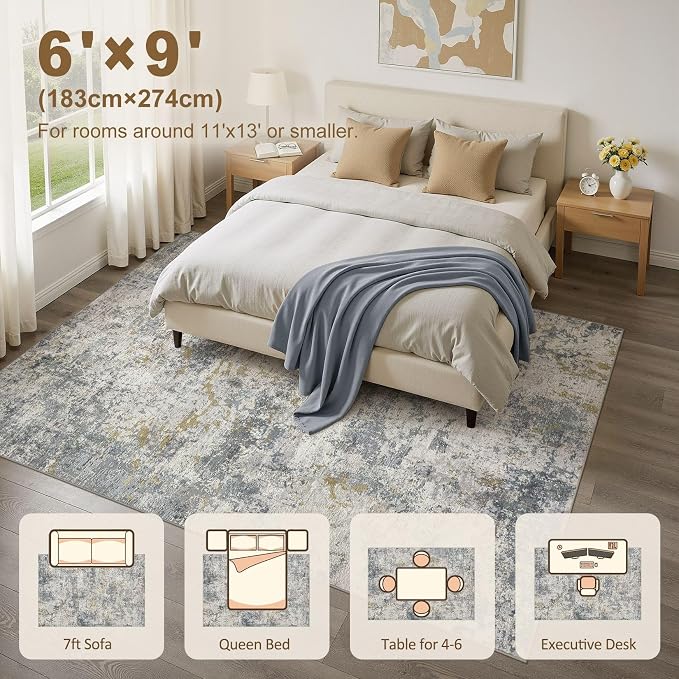 kakania Washable 6x9 Area Rug for Living Room: Abstract Modern Home Decor | Soft Stain Resistant, Low-Pile, Non-Slip, Pet & Kid Friendly, Thin Rug for Bedroom/Dining Room/Kids Dorm - Blue Grey