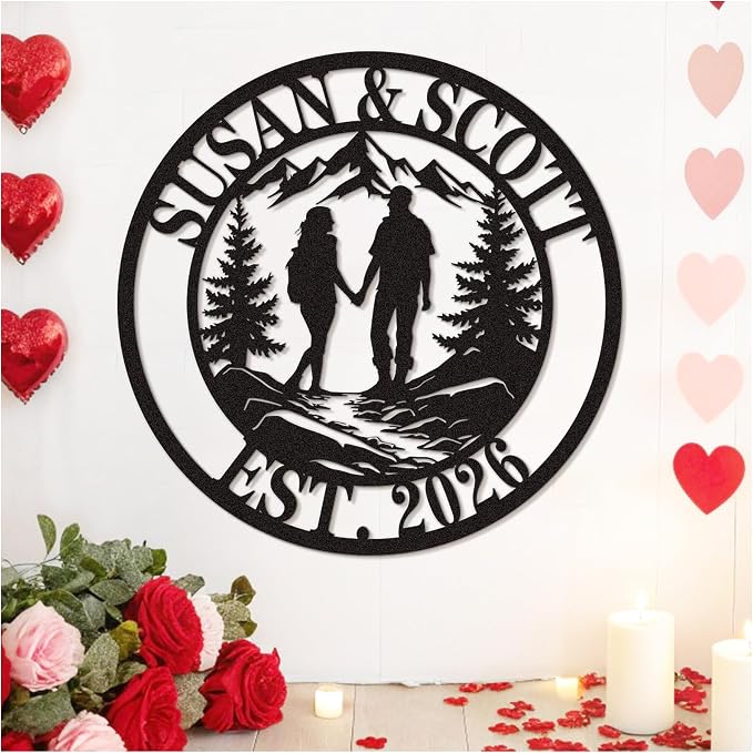 Personalized Valentine’s Day Metal Wall Sign, Custom Couple Name with EST Date, Romantic Mountain & Trees Wall Art, Outdoor Love Decor for Couples