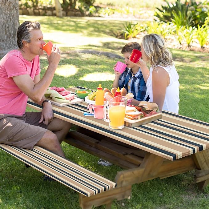 Picnic Table Cover with Bench Covers Elastic Edges, Mountain Camper Fitted Table Cover, Outdoor Patio Camping Essentials 72 Inch 3PCS, Waterproof Camping Fitted Tablecloth with Drawstring Bag