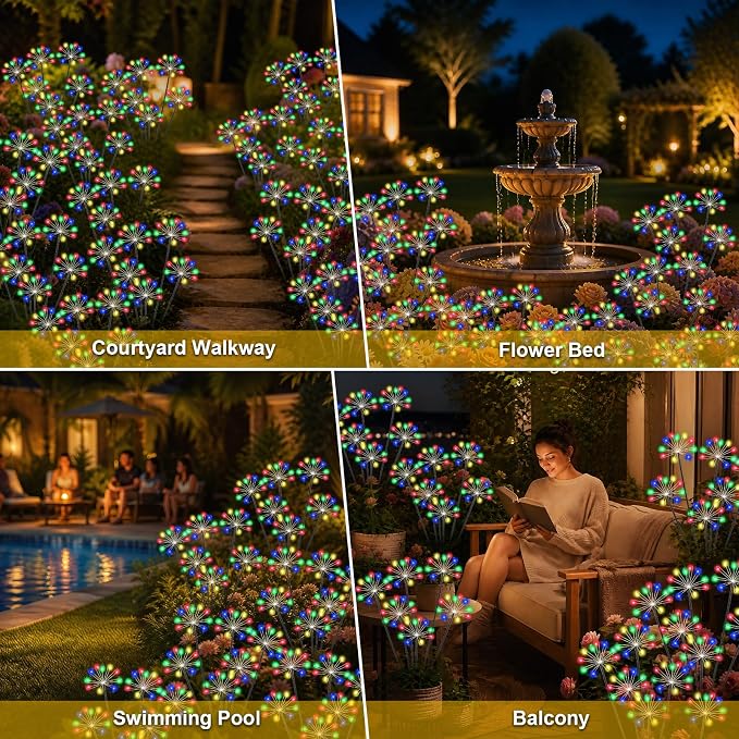 Solar Garden Lights Outdoor, Upgraded Solar Swaying Starburst Light Waterproof with 2 Modes, Solar Fairy Firework Lights for Yard Patio Pathway Flowerbed Balcony Garden Decoration (Multicolor, 4 Pack)