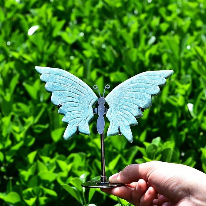 JIC Gem Natural Amazonite Stone Crystal Butterfly Art Wings Carving Craft Ornament Healing Crystal Stones with Display Stand Decoration Reiki Energy Balance (1pair, 10cm)