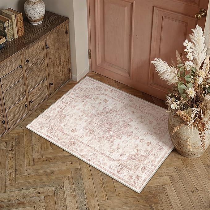 2x3 Pink Neutral Area Rug | Washable, Non Slip, Soft Low Pile, Vintage Farmhouse, for Entryway Kitchen Bathroom Living Room Bedroom Indoor Home Decor