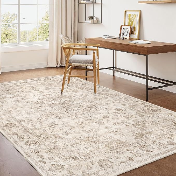 4x5 Beige Neutral Area Rug | Washable, Non Slip, Soft Low Pile, Vintage Farmhouse, for Entryway Kitchen Bathroom Living Room Bedroom Indoor Home Decor