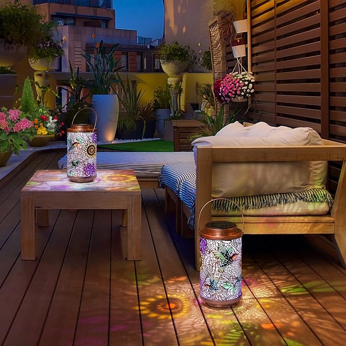 2Pack Solar Lanterns Outdoor Waterproof Hummingbird Garden Gifts for Mom, Multicolor Solar Lights Lantern for Backyard Garden, Pathway, Outside, Mothers' Day Gifts for Women Grandma