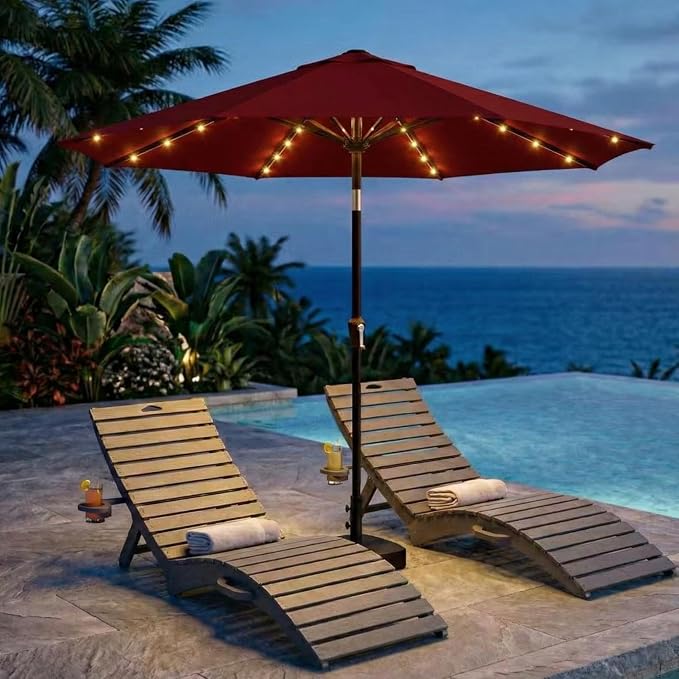 Kingdura 9FT Outdoor Patio Umbrella with Solar Lights, Market Table Umbrella with Push Button Tilt & Crank, 8 Sturdy Ribs, 32 LED Lights, UV Protection for Garden Lawn Deck Backyard Pool (Dark red)