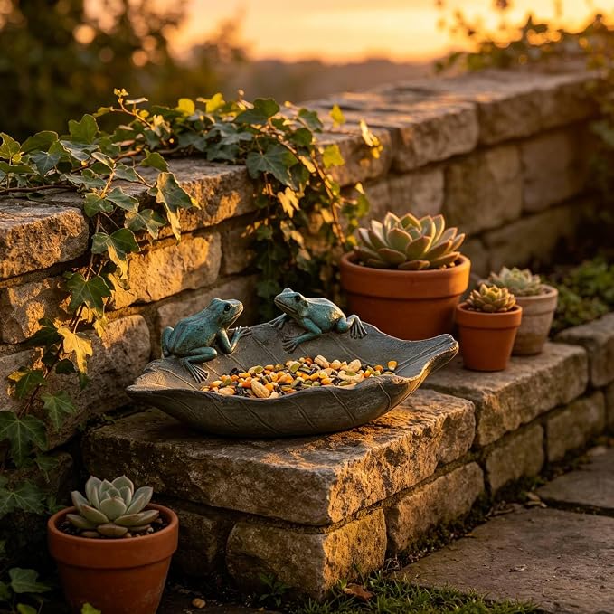 Bird-Feeder Wild Birdbath Bowl Outdoors - Garden Decor Birdfeeder for Outdoor Polyresin Frogs on Leaf Bath Bowl for Outside Yard Table Decor 12 x 7.25 x 3.5 inch Newman House Studio