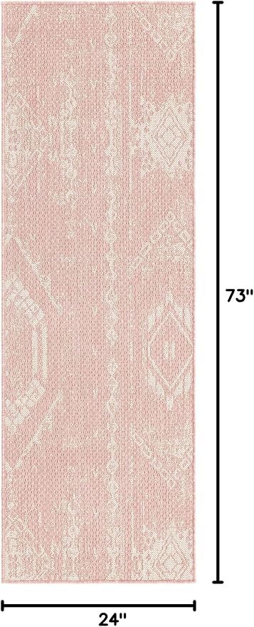 Unique Loom Outdoor Bohemian Collection Area Rug - Anthro (2' x 6' 1" Runner, Pink/ Ivory)