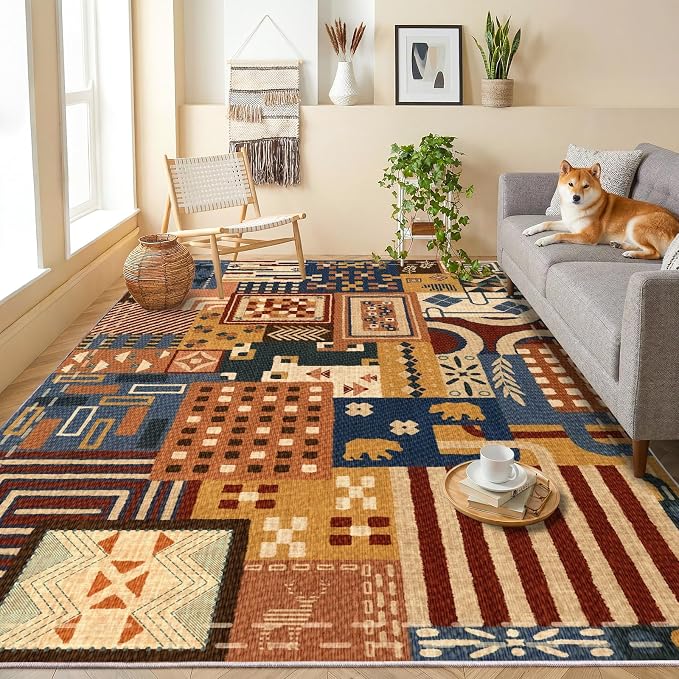 4x6 Area Rug for Bedroom, Washable Navy Blue Animal Patchwork Design | Soft Faux Wool Low-Pile Rug with Non-Slip TPR Backing for Bedroom, Entryway and Home Office; Lightweight Easy-Care Design