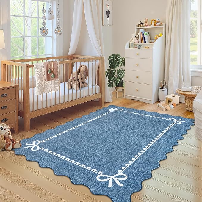GarveeHome Scalloped Bow Rug 3x5 Washable Rugs for Living Room, Dark Blue | Non Slip Soft Low Pile Indoor Carpet for Nursery Girls Bedroom Decor Hallway Kids Room College Dorm Playroom