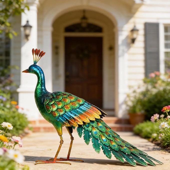 chisheen Metal Peacock Statue Garden Decor Yard Art Sculpture Gift for Women(Green)