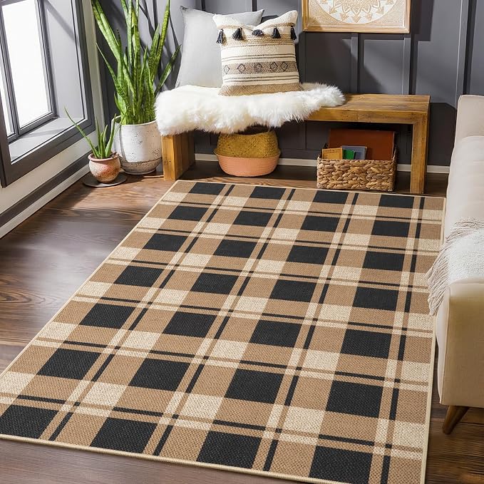3x5 Plaid Jute Rug, Washable Non-Slip Checkered Rugs, Black/Brown | Washable Jute Area Rug With Non-Slip Backing, Low-Pile Texture, Farmhouse Geometric Pattern In Neutral Brown/Black, Durable