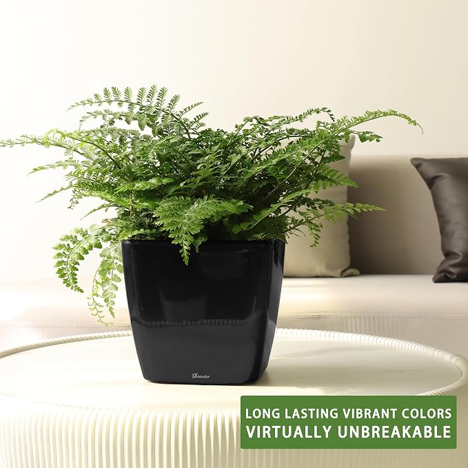 Dexceder 11x10 Self Watering Planter (Black High Gloss) | Inner Mat Design, Thickened Table Flower Plant Pot with Water Level Indicator Indoor Outdoor