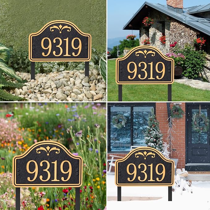 Personalized Lawn Address Plaque Sign with Stakes - House Address Signs for Outside Use for House,Apartment,Office,Yard (Black/Gold)