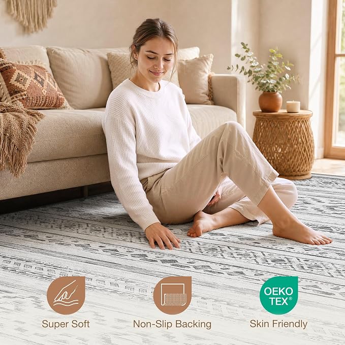cotiled Boho 10x14 Area Rug for Living Room: Large Moroccan Washable Rug | Solve Modern Neutral Trendy Home Decor - Stain Resistan Carpet for Bedroom Farmhouse Cream Grey