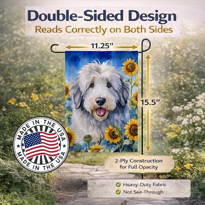 Caroline's Treasures DAC6129GF Old English Sheepdog in Sunflowers Garden Flag Mailbox Flag Decorative Yard Flag Banner Outside Patio Artwork Yard Flower Beds, Garden Size, Multicolor