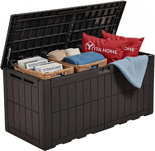 YITAHOME 110 Gallon Outdoor Deck Box, Waterproof Resin Storage Box with Lock, Lockable Patio Furniture Bin, 2-Person Bench Seating for Outdoor Cushions, Garden Tools & Sports/Pool Supplies, Dark Brown