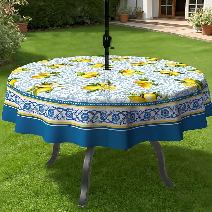 Lemon Outdoor Tablecloth with Umbrella Hole 60" x 60" Waterproof Zipper Table Cloth for Patio Table - Ideal Tablecloths for Picnics, Camping, and Yard Use