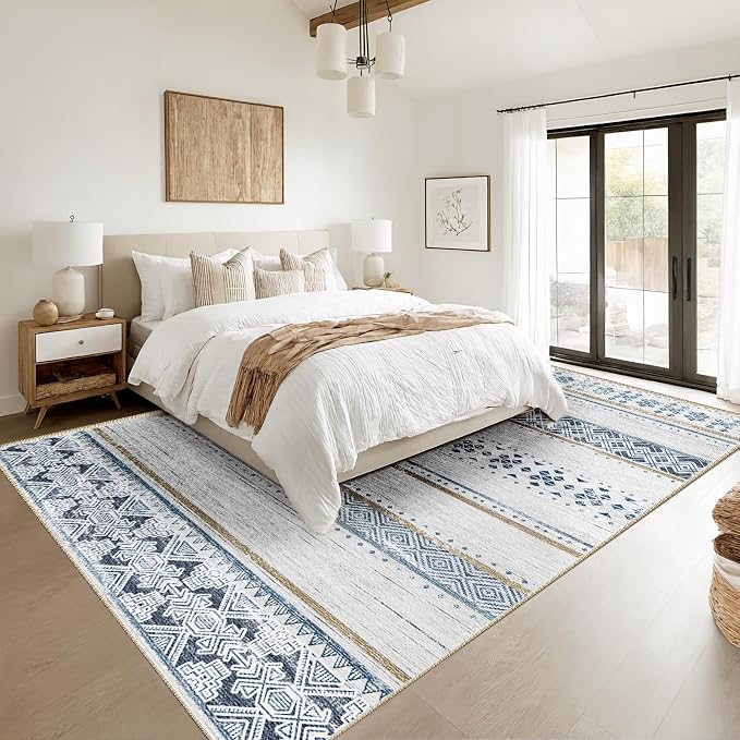 6x9 Washable Area Rugs for Living Room Boho Bedroom Rug Blue/Brown | Vacuum Friendly, Machine Washable, Non-Slip Rug, Stain Resistant, Moroccan Geometric, Low Pile Carpet, Dining Room Kitchen