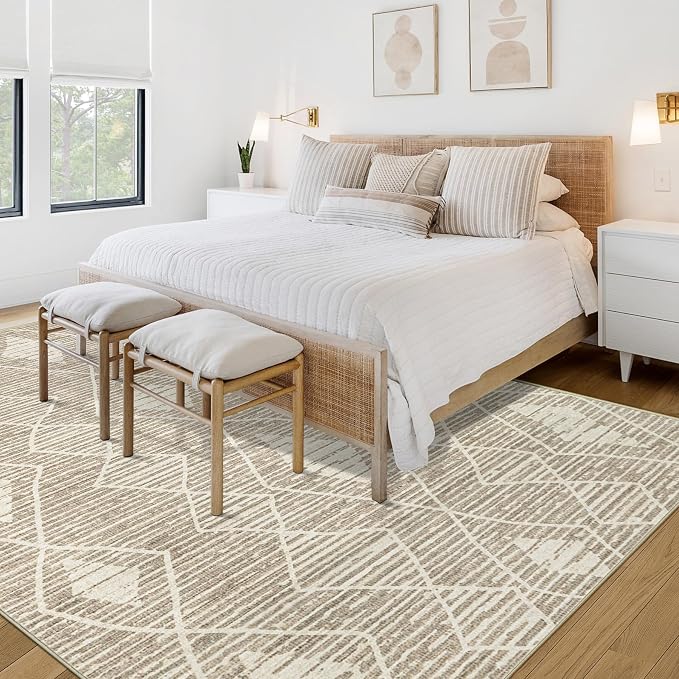 Area Rug Living Room Rugs 8x10 - Large Soft Boho Geometric Rug, Non-Slip Foldable Washable Rugs Non Shedding Morden Indoor Floor Carpet for Living Bedroom Office Dining Room(Cream Beige, 8'x10')