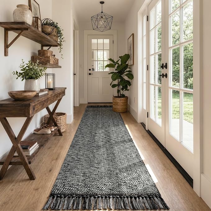 Rug Runners for Hallways, Boho Washable Kitchen Rugs | 2.6' x 10' Farmhouse Indoor Entry Hall Carpet, Black Modern Hand Woven Bathroom Runner Rug for Bedroom Entrance Porch Decor