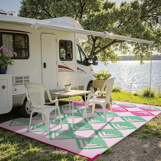 Lahome Waterproof Outdoor Patio Rug 9x12, Reversible Large Outdoor Rug for Patios, Camping Rugs for RV Backyard Deck Picnic Beach Trailer (Pink/Green, 9' x 12')