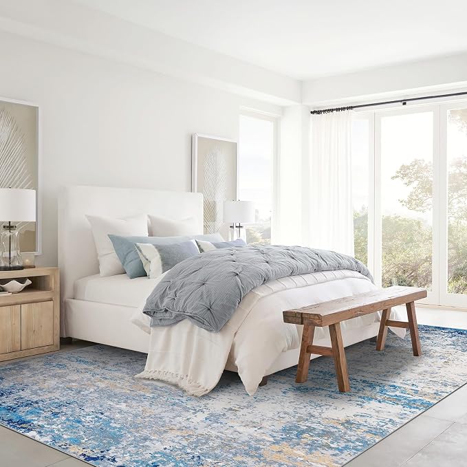 ROYHOME Modern Abstract Area Rug 3x5 Non Slip, Blue/Grey | Non Shedding Rug Low Pile Stain Resistant for Bedroom Living Room