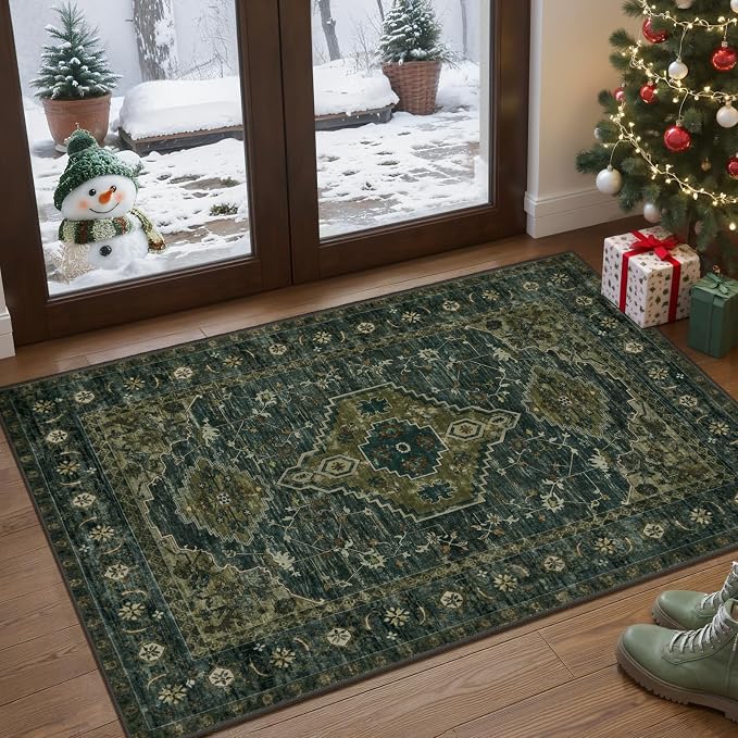 Tangsoo Oriental Small Washable Rugs for Entryway, Non Slip 2x3 Rug Green | Vinatge Olive Green Small Area Rug, Boho Print Front Door Mat Indoor Entrance Low Pile Throw Rugs for Entry Kitchen Bedroom