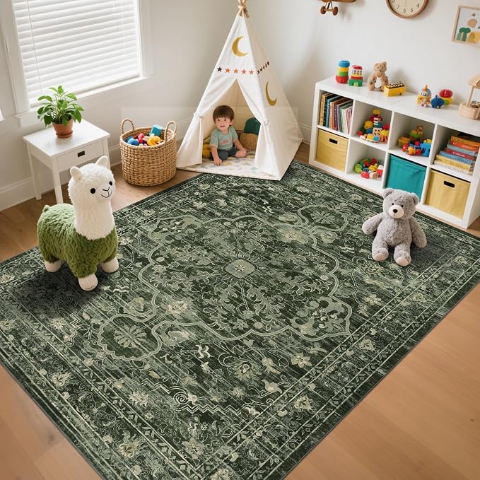 U'Artlines Boho Vintage Area Rug 8x10 Machine Washable Carpet, Dark Green | Low Pile, Non Slip, Ultra-Thin Soft Floor Carpet, Accent Rug for Living Room Bedroom Dining Room Office