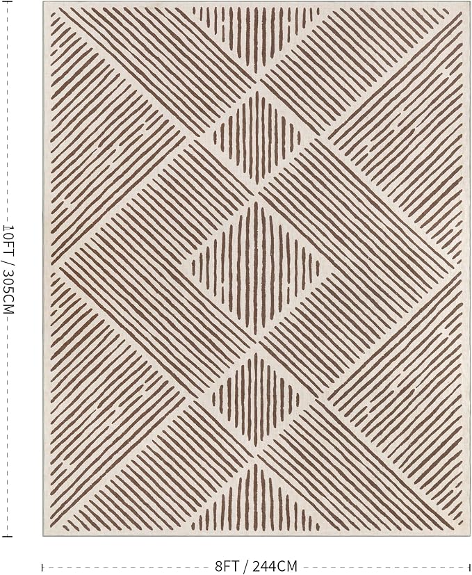 8‘x10' Washable Brown and Cream Area Rug for Living Room | Non-Slip, Soft, Low Pile, Stain Resistant, Large Farmhouse Geometric Tan Stripe Rug for Bedroom Dining Room